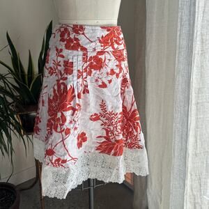 Ann Taylor Women’s 4 Skirt White Red Floral Skirt Linen Cotton Lace Boho Y2K